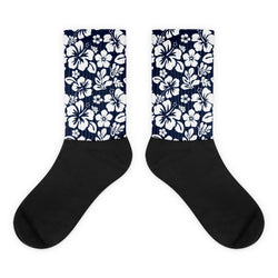 Navy Blue and White Hawaiian Flowers Socks