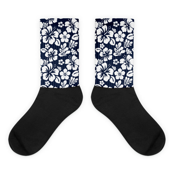 Navy Blue and White Hawaiian Flowers Socks | Extremely Stoked® Tropical Surf Style Crew Socks