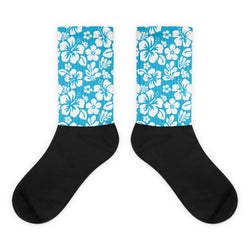 Aqua Blue and White Hawaiian Flowers Socks