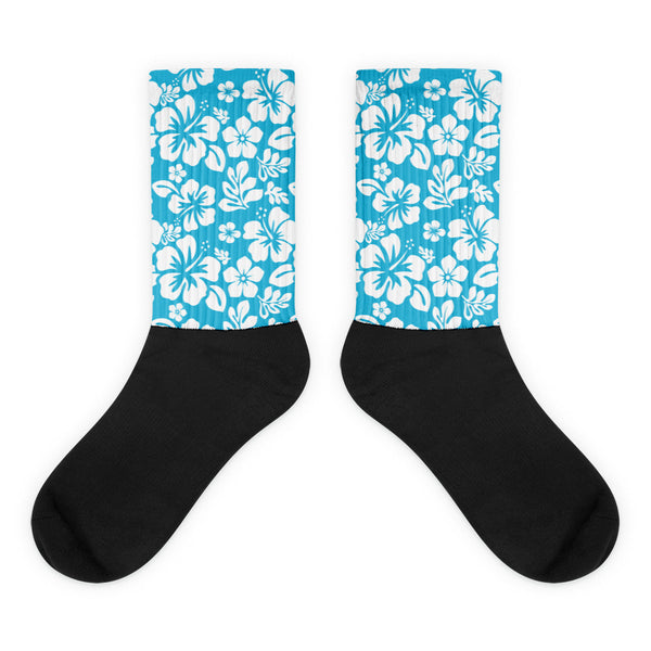 Aqua Blue and White Hawaiian Flowers Socks | Extremely Stoked® Tropical Surf Style Crew Socks