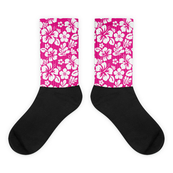 Hot Pink and White Hawaiian Flowers Socks | Extremely Stoked® Tropical Surf Style Crew Socks