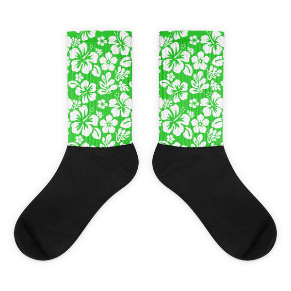 Lime Green and White Hawaiian Flowers Socks | Extremely Stoked® Tropical Surf Style Crew Socks