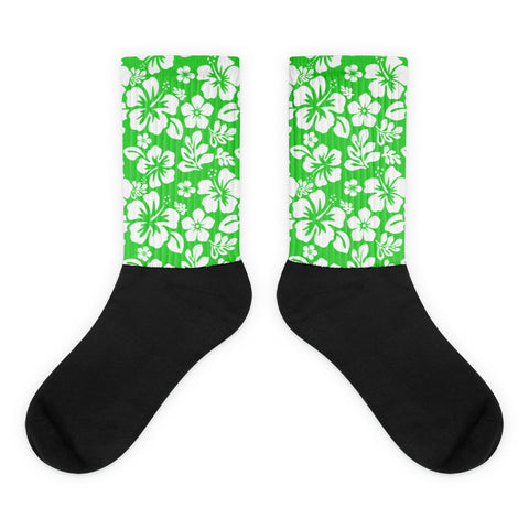 Lime Green and White Hawaiian Flowers Socks