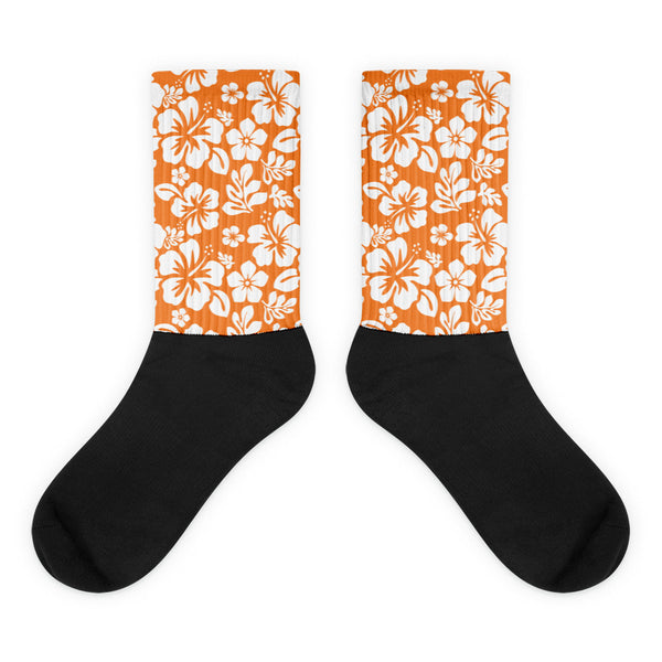 Orange and White Hawaiian Flowers Socks | Extremely Stoked® Tropical Surf Style Crew Socks