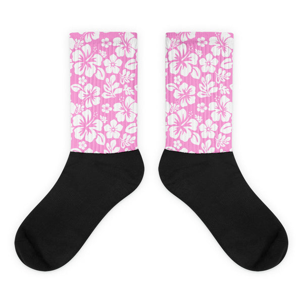Pink and White Hawaiian Flowers Socks | Extremely Stoked® Tropical Surf Style Crew Socks
