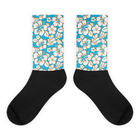 Aqua Blue, Orange and White Hawaiian Flowers Socks