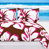 Brown, Hot Pink & White Hawaiian Flowers Duvet Cover – Large Scale – Extremely Stoked® Eco Luxe Beach Bedding