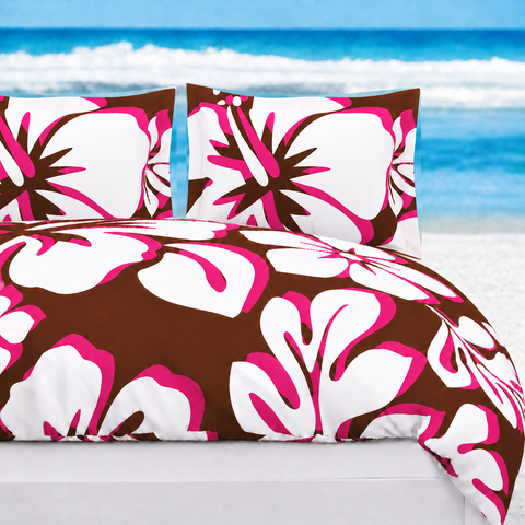 Brown, Hot Pink & White Hawaiian Flowers Duvet Cover – Large Scale – Extremely Stoked® Eco Luxe Beach Bedding