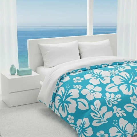 White on Aqua Blue Hawaiian Flowers Duvet Cover – Extremely Stoked® Essentials Collection