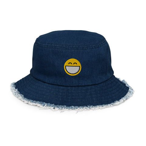 Denim Bucket Hat with Embroidered Big Smiley Logo | Surf and Beach Style by Extremely Stoked®
