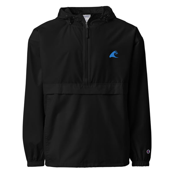 Extremely Stoked® x Champion® Black Packable Windbreaker Jacket | Aqua Blue Epic Wave Logo Surf Style