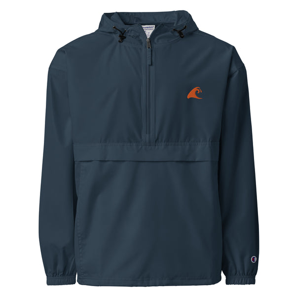 Extremely Stoked® x Champion® Navy Blue Packable Windbreaker Jacket | Orange Epic Wave Logo Surf Style