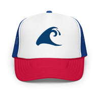Red, White and Blue Foam Trucker Hat with Blue Epic Wave Logo | Surf Style Cap by Extremely Stoked®