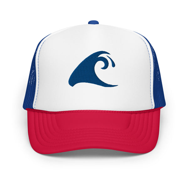 Red, White and Blue Foam Trucker Hat with Blue Epic Wave Logo | Surf Style Cap by Extremely Stoked®