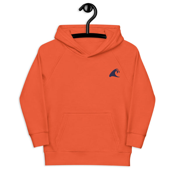 Kids Orange Eco Organic Hoodie with Extremely Stoked®️ Navy Blue Epic Wave Logo