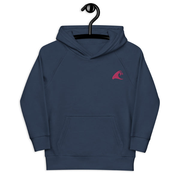 Kids Navy Blue Eco Organic Hoodie with Extremely Stoked Hot Pink Epic Wave Logo