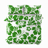 Fresh Green Hawaiian Flowers on White Duvet Cover – Large Scale – Extremely Stoked® Eco Luxe Beach Bedding