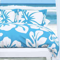 Aqua Blue & White Hawaiian Flowers Duvet Cover – Large Scale – Extremely Stoked® Eco Luxe Beach Bedding