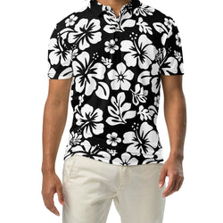 Men’s Black and White Hawaiian Aloha Polo Shirt -Slim Fit