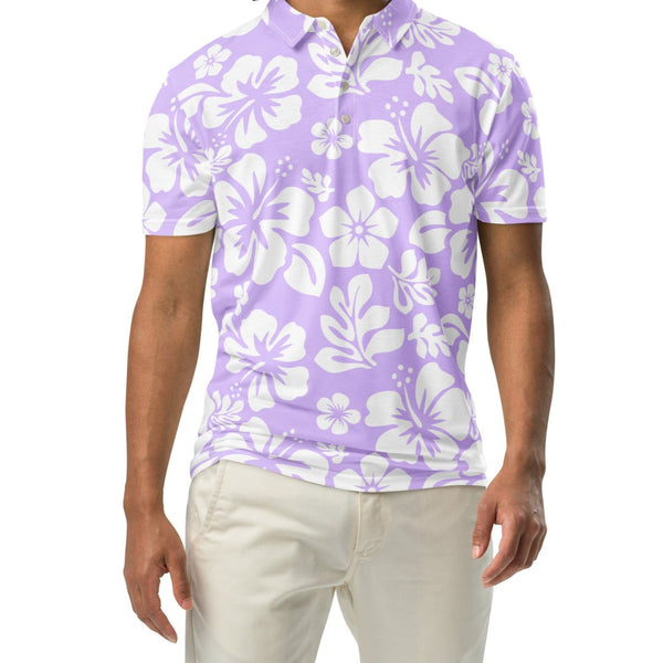 Men’s Lavender and White Hawaiian Aloha Polo Shirt -Slim Fit