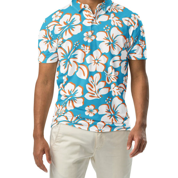 Men’s Aqua Blue, Orange and White Hawaiian Aloha Polo Shirt -Slim Fit