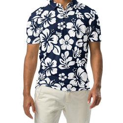 Men’s Navy Blue and White Hawaiian Aloha Polo Shirt -Slim Fit