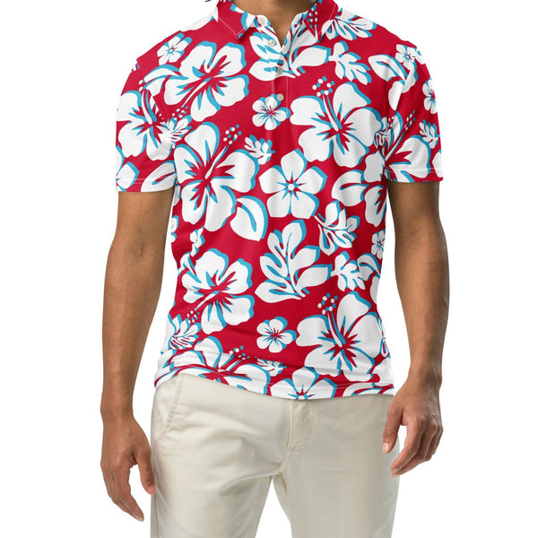 Men’s Red, Aqua Blue and White Hawaiian Aloha Polo Shirt -Slim Fit