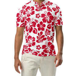 Men’s White and Red Hawaiian Aloha Polo Shirt -Slim Fit