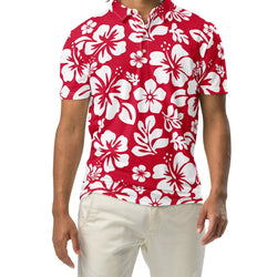 Men’s Red and White Hawaiian Aloha Polo Shirt -Slim Fit