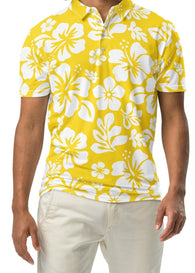 A man wearing a yellow and white Hawaiian Aloha slim fit polo shirt with a white button placket.