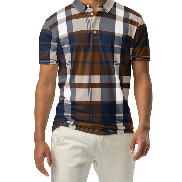 Men’s Navy Blue and Brown Surfer Plaid Polo Shirt -Slim Fit