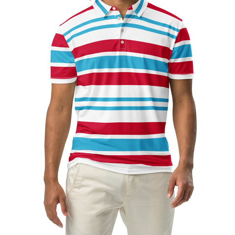 Blue polo shirt with red and white stripes best sale