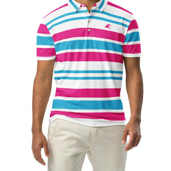 Men’s Aqua Blue, Hot Pink and White Classic Surf Stripes Polo Shirt -Slim Fit