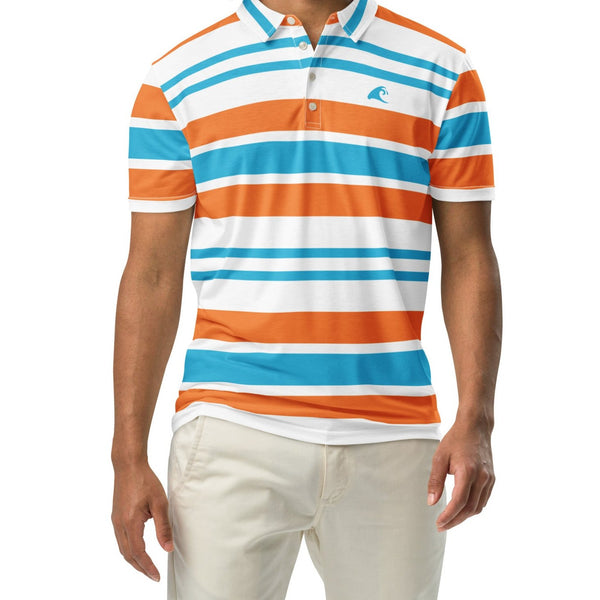 Men’s Aqua Blue, Orange and White Classic Surf Stripes Polo Shirt -Slim Fit