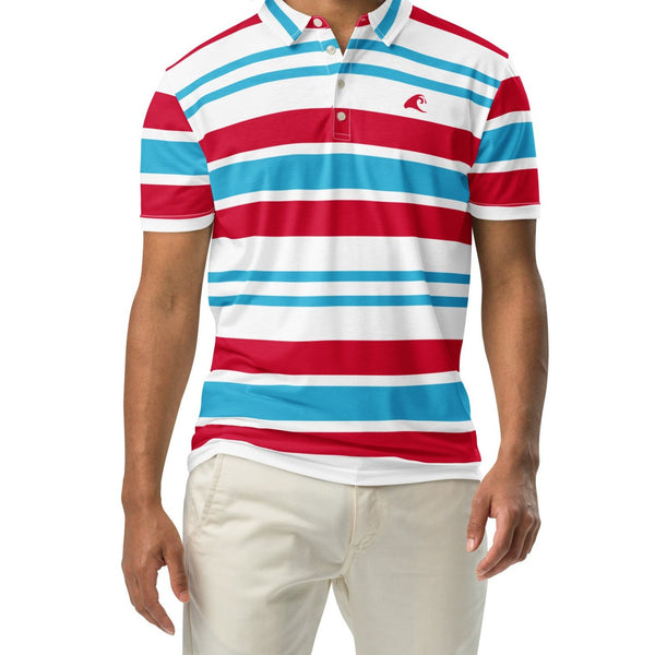 Men’s Aqua Blue, Red and White Classic Surf Stripes Polo Shirt -Slim Fit