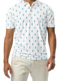 Man wearing a white polo shirt with blue and orange surfboard pattern on a white background