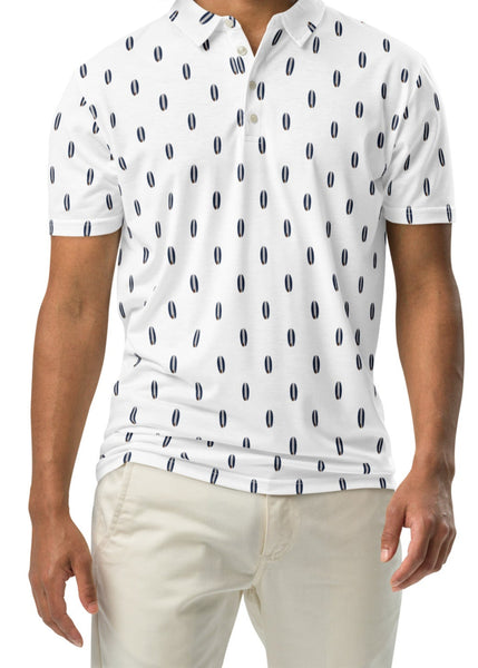 Man wearing a surfboard patterned shirt on a white background
