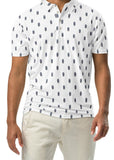 Man wearing a surfboard patterned shirt on a white background