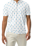Man wearing a white polo shirt with blue patterns on a white background