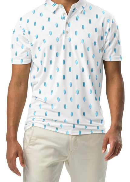 Man wearing a white polo shirt with blue surfboards on a white background