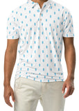 Man wearing a white polo shirt with blue surfboards on a white background