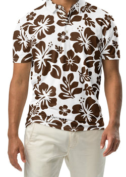 Man wearing a brown Hawaiian floral patterned shirt on a white background