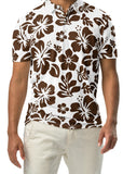 Man wearing a brown Hawaiian floral patterned shirt on a white background