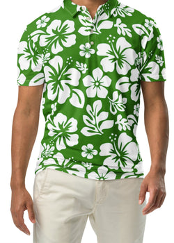 Man wearing a green and white floral hawaiian polo shirt on a white background