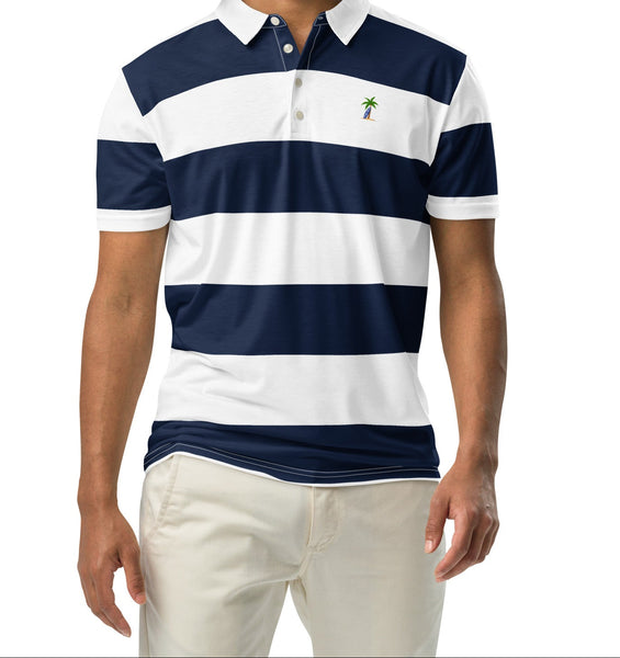 Slim Fit Men's Classic Beach Stripes Polo Shirt – Palm Tree Surfboard Logo – Navy Blue and White by Extremely Stoked®