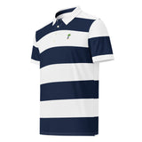Slim Fit Men's Classic Beach Stripes Polo Shirt – Palm Tree Surfboard Logo – Navy Blue and White by Extremely Stoked®