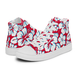 Men’s Red, White and Aqua Blue Hawaiian Print High Top Shoes