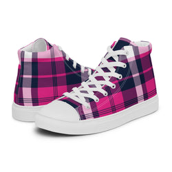 Hot Pink and Navy Blue Preppy Surfer Plaid High Top Canvas Shoes