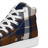Navy Blue and Brown Preppy Surfer Plaid Men's High Top Canvas Shoes