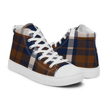 Navy Blue and Brown Preppy Surfer Plaid Men's High Top Canvas Shoes